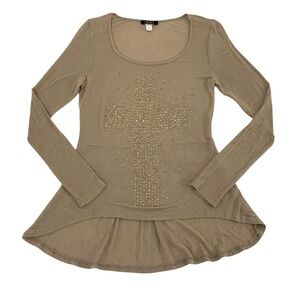 Y2K‎ Deb Cross Top Women S Tan Brown Cross High Low Beaded McBling Sparkle Rock